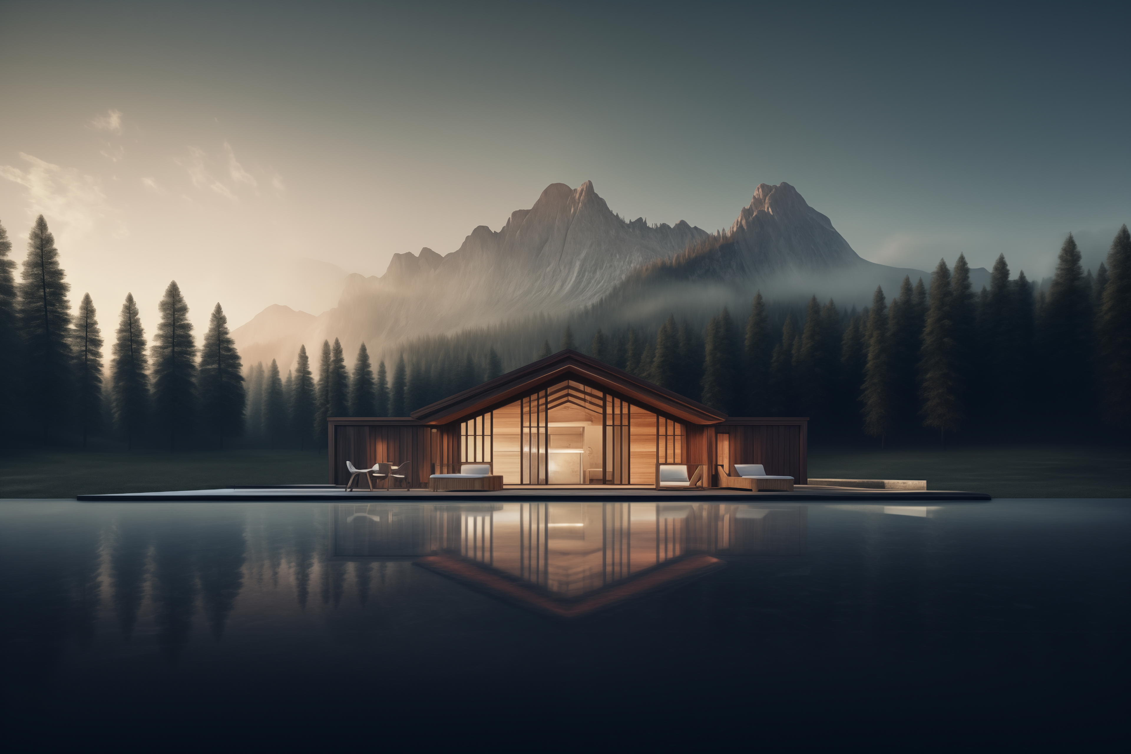 Mountains and forests with two cabins